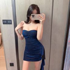 批发 实拍低胸短款紧身抹胸包臀打底流苏拼接连衣裙