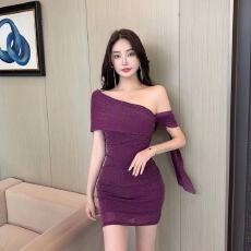 批发实拍气质性感名媛高级辣妹斜肩精致连衣裙<b class='q'>夏季</b>新款