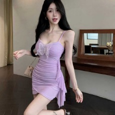 批发实拍性感网纱拼接吊带流苏短款打底<b class='q'>连衣裙</b>