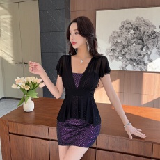 批发 实拍低胸撞色假两件紧身网纱连衣裙短袖