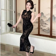 批发实拍改良旗袍长款紧身蕾丝<b class='q'>打底连衣裙</b>