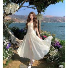 批发 实拍法式薄荷仙女裙夏日透气网纱优雅吊带连衣裙长裙子