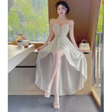 批发 实拍法式御姐轻熟风网纱抹胸礼服夏季设计感收腰显瘦礼服长