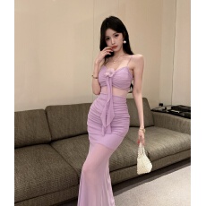 批发实拍法式气质网纱拼接设计感吊带<b class='q'>连衣裙</b>女纯欲度假风长裙