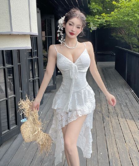 실사 프랑스식 레이스 V넥 슬립 드레스 여름 휴가 불규칙 치마 화이트 아름다운