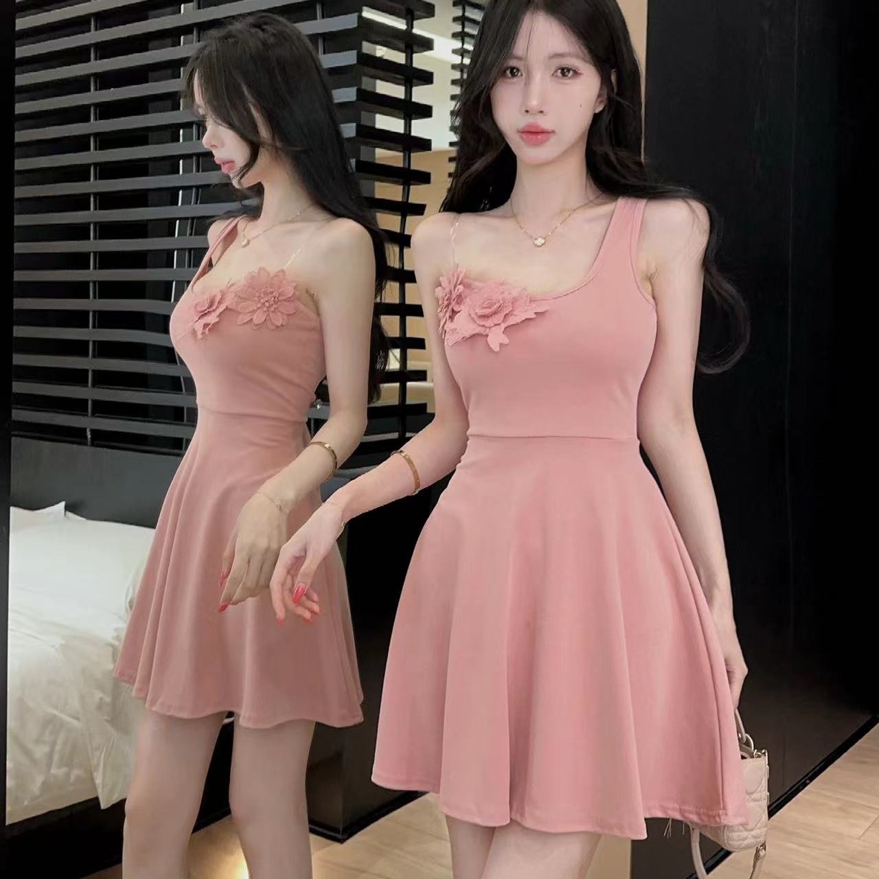 실사 3 차원 꽃 숄더백 드레스 여자 허리 수축 슬림해 보이는 a 단어 진자 순수한 욕망 바람 쇼트 스타일 치마