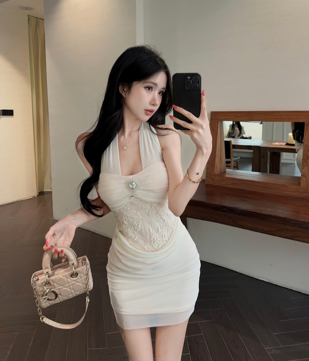 실사 순수한 욕망 품격 레이스 조각 망사 행침 목 핫걸 백리스 레이스업 주름 허리 수축 미니 스커트