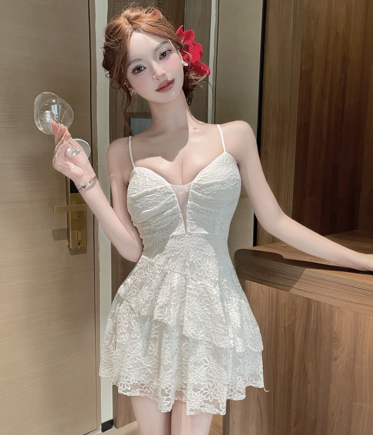 실사 달콤한 핫걸 순수한 욕망 섹시함 슬립 여성 드레스 꼬집기 허리 작은 치마 품격 허리 수축 레이스 치마