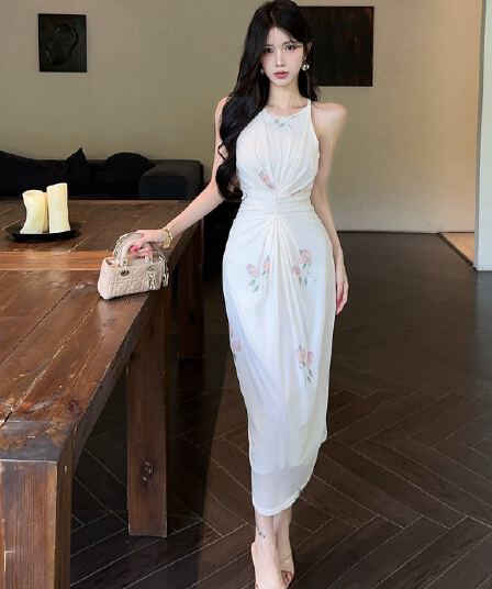 실사 고급 센스 망사 프린트 섹시함 허리 수축 행침 목 작은 심장 기계 섹시함 슬립 몸매 가꾸기 드레스