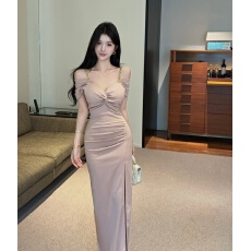 批发 实拍纯欲修身性感V领低胸长款露肩吊带打底礼服连衣裙