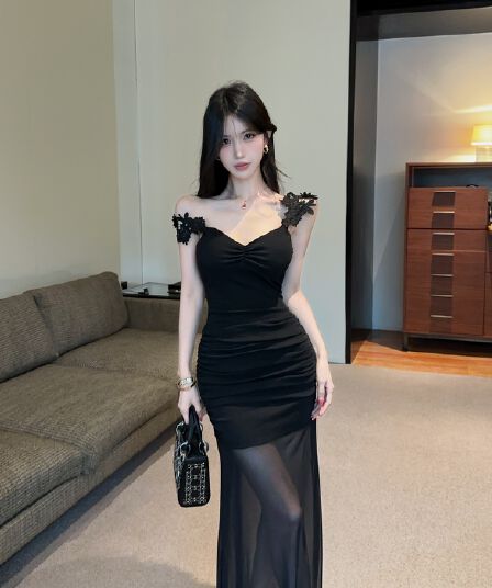 실사 섹시함 V넥 낮은 가슴 달콤함 품격 망사 롱 코트 드레스
