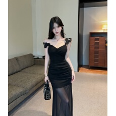 批发 实拍性感V领低胸甜美气质网纱长款连衣裙