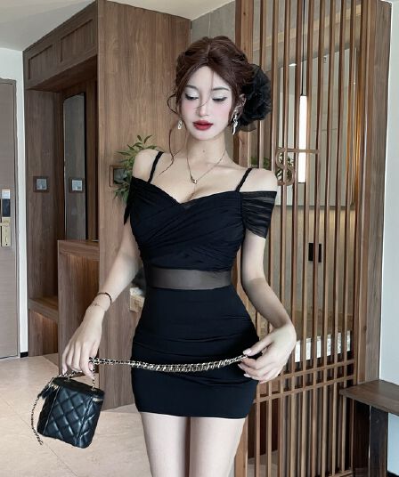 실사 섹시함 주름 단색 망사 슬립 오프숄더 드레스