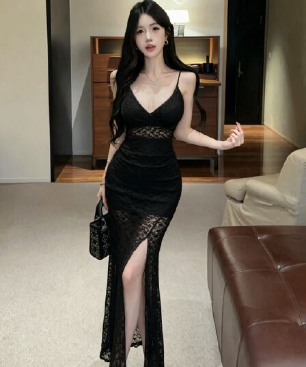 실사 순수한 욕망 바람 레이스 슬립 드레스 낮은 가슴 v 칼라 허리 수축 슬림해 보이는 트임 롱 스커트