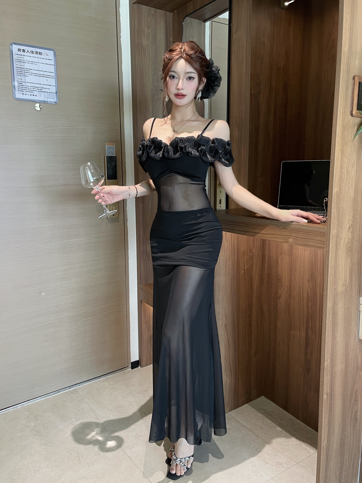실사 섹시함 롱 코트 하프 시스루 망사 슬립 꽃 패치워크 드레스 복장
