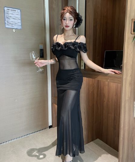 실사 섹시함 롱 코트 하프 시스루 망사 슬립 꽃 패치워크 드레스 복장