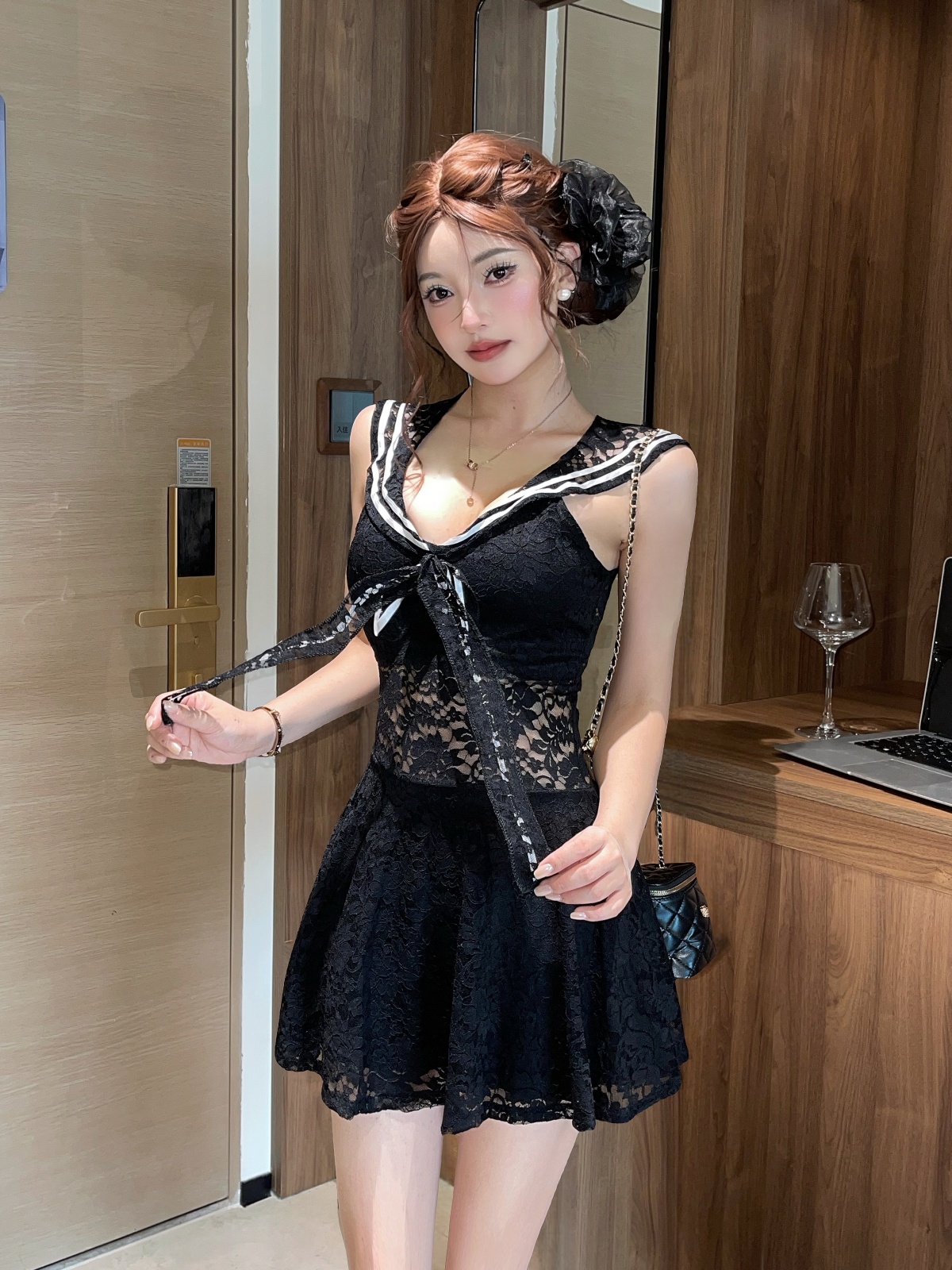 실사 프랑스식 품격 해군 칼라 레이스 드레스 순수한 욕망 바람 허리 수축 슬림해 보이는 우산 진자 치마