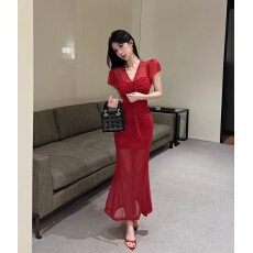 批发实拍纯欲御姐网纱V领抽褶短袖透视修身<b class='q'>鱼尾</b>长款约会礼服裙