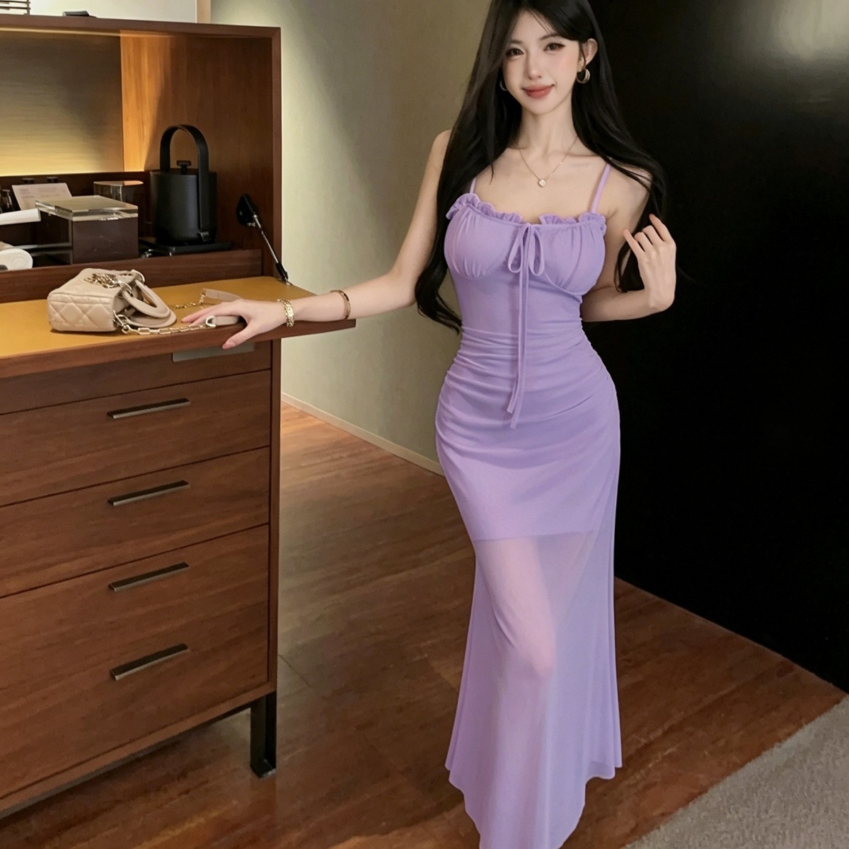 실사 품격 명문 여성 패션 디자인 센스 망사 허리 수축 롱 스커트 섹시함 백리스 달콤함 슬립 점프 슈트