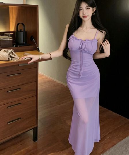 실사 품격 명문 여성 패션 디자인 센스 망사 허리 수축 롱 스커트 섹시함 백리스 달콤함 슬립 점프 슈트