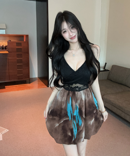 핫걸 순수한 욕망 바람 레이스 조각 슬립 미니 스커트 홀치기 염색 그라데이션 허리 수축 디스플레이 높음 꽃밭 퍼프 스커트