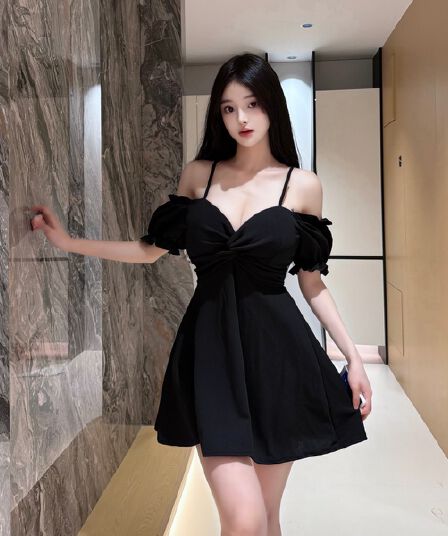 실사 허리 수축 쇼트 스타일 프릴 한 마디 슬립 드레스 명문 여성 섹시함 오프숄더 그는 벤 작은 행사 치마 여름