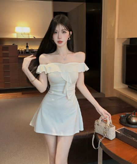 실사 V넥 오프숄더 화이트 여성 드레스 여름 패션 빛 럭셔리 품격 허리 수축 한 마디 미니 스커트