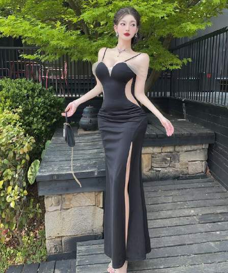 실사 낮은 네크라인 슬립 예복 치마 날다 소매 측면 홀로우 아웃 트임 신축성 몸매 가꾸기 인어 꼬리 길다 치마