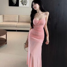 批发 实拍法式修身显瘦性感网纱拼接沙滩长款鱼尾吊带连衣裙女