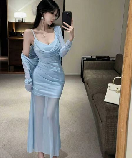 흔들다 칼라 슬립 망사 롱 스커트 여성 가을 긴팔 자외선 차단 오픈 가디건 분위기 센스 몸매 가꾸기 슬림해 보이는 두 조각