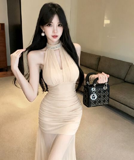 실사 프랑스식 고급 센스 행침 목 망사 드레스 새로운 품격 허리 수축 슬림해 보이는 휴가 길다 치마
