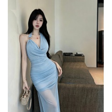 批发 实拍荡领褶皱挂脖吊带连衣裙女夏季修身包臀短裙子