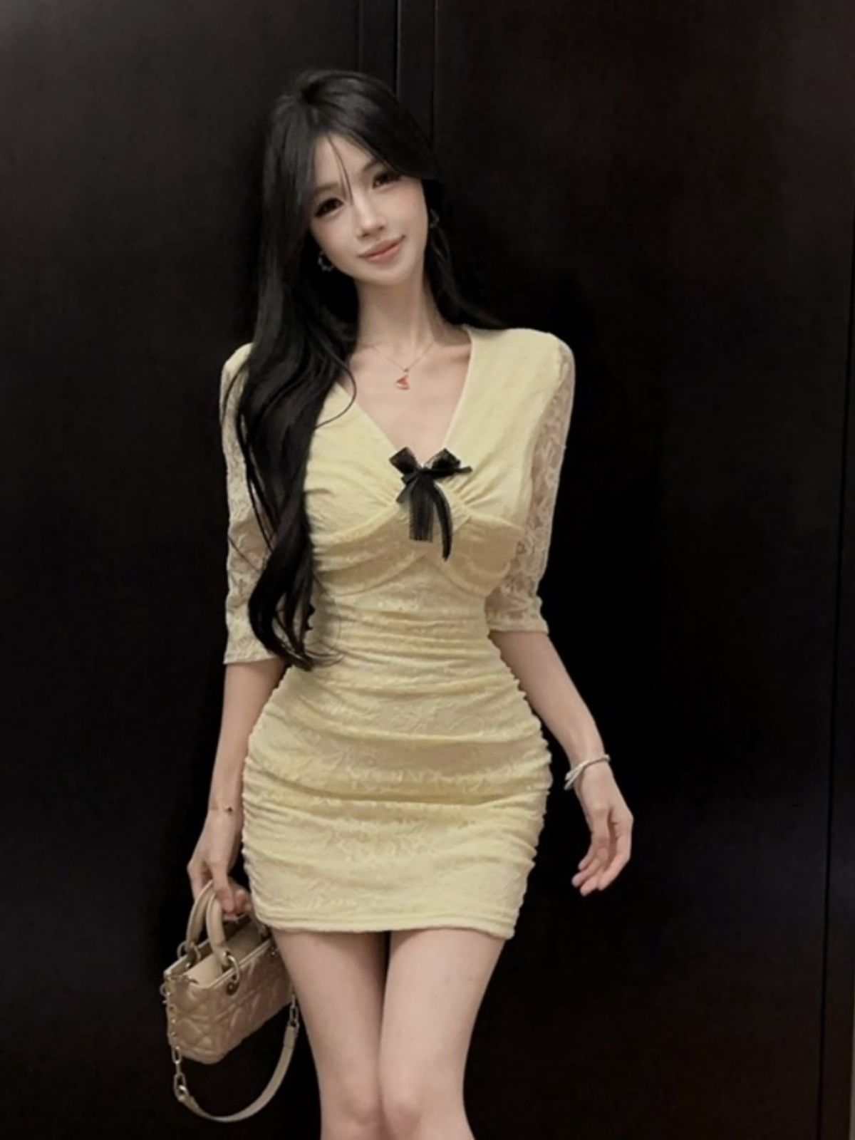 RY8229# 实拍小个子纯欲风修身蕾丝连衣裙蝴蝶结显瘦包臀短裙