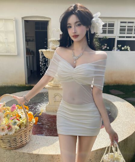 실사 프랑스식 고유 한 Chic 아름다운 오프숄더 여름 순수한 욕망 부드러운 품격 오프숄더 치마