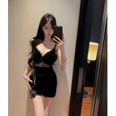 批发实拍<b class='q'>性感</b>吊带晚礼服女金丝绒夜总店连衣裙