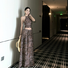 批发致命吸引豹纹花褶层次感挂脖性感露背<b class='q'>长裙</b>