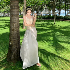 批发法式复古裸杏色性感蕾丝拼接V领<b class='q'>长裙</b>生日轻晚礼服裙<b class='q'>吊带</b>裙