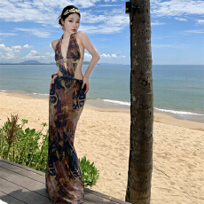 批发<b class='q'>欧美风</b>印花挂脖<b class='q'>连衣裙</b>性感露背三亚海边度假沙滩长裙