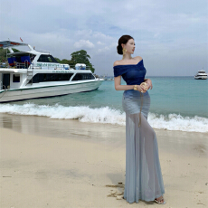 批发蓝色渐变网纱一字肩<b class='q'>连衣裙</b>女高级性感气质<b class='q'>修身</b>度假长裙