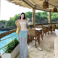 批发法式背心女性感辣妹碎花抹胸夏季新款纯欲<b class='q'>蕾丝</b>拼接网纱<b class='q'>套装</b>