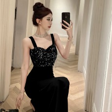 批发性感轻奢高级感亮片拼接长款<b class='q'>鱼尾</b>摆礼服裙 日常连衣裙