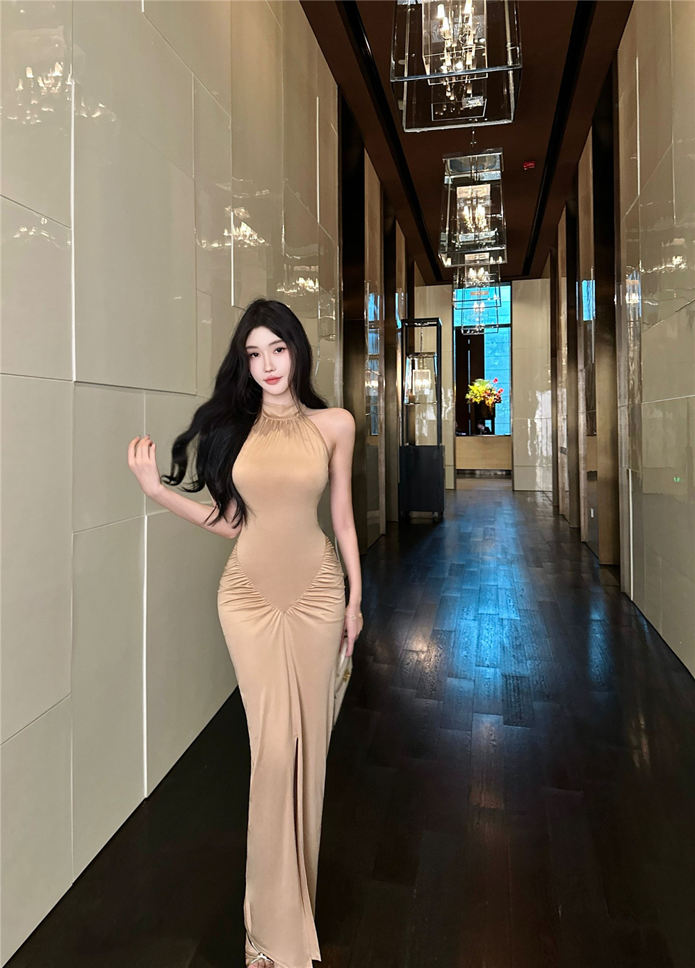 FA35954# 欧美风褶皱高腰弹力修身无袖挂脖连衣裙开叉包臀长裙子 服裝批發女裝批發服飾貨源
