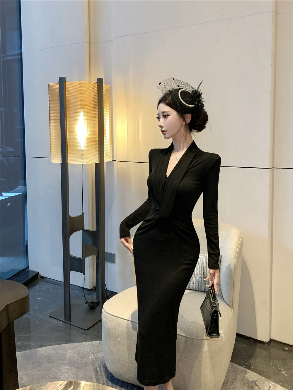 纯欲性感扭结V领长袖连衣裙女新款设计感小众收腰包臀长裙子 服裝批發女裝批發服飾貨源