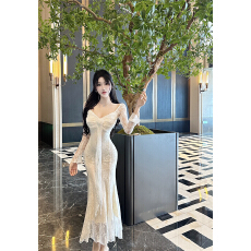 实拍法式立体花朵飘带长袖礼服连衣裙女纯欲蕾丝收腰显瘦鱼尾长裙