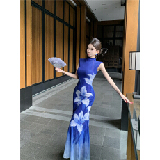 批发实拍<b class='q'>青花瓷</b>花卉印花渐变蓝色<b class='q'>连衣裙</b>新中式收腰显瘦长裙子