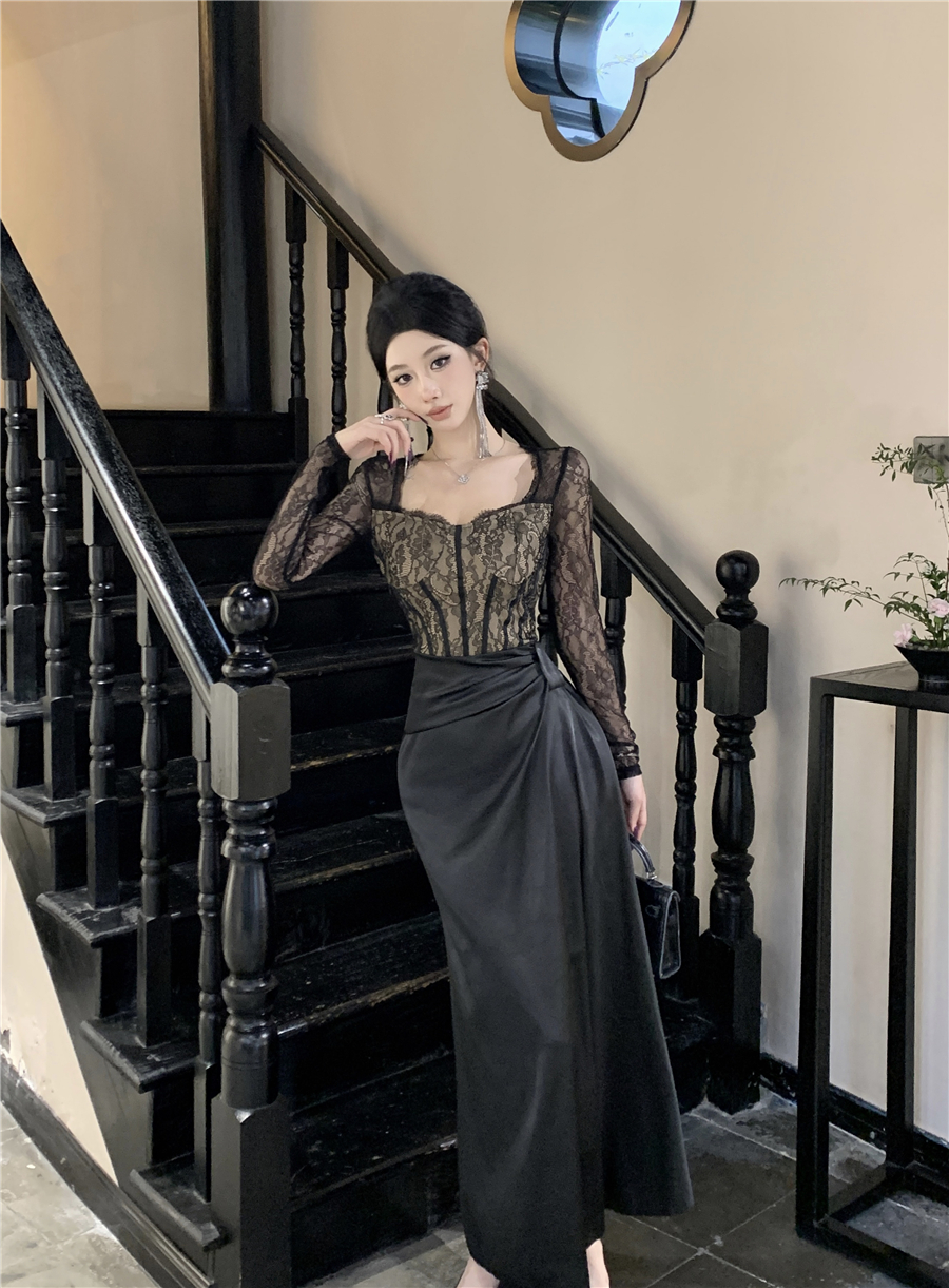 性感黑色蕾丝拼接长袖连衣裙女气质褶皱包臀生日晚会礼服长裙 服裝批發女裝批發服飾貨源