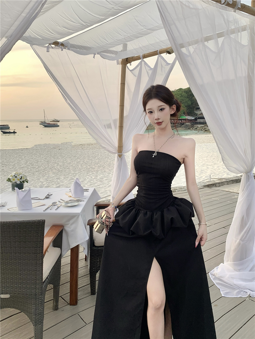 실사 검정색 포장 가슴 점프 슈트 치마 여름 프랑스식 품격 허리 수축 트임 몸매 가꾸기 예복 퍼프 길다 치마
