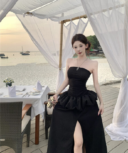 실사 검정색 포장 가슴 점프 슈트 치마 여름 프랑스식 품격 허리 수축 트임 몸매 가꾸기 예복 퍼프 길다 치마