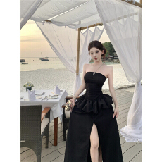 批发实拍黑色裹胸连衣女裙夏季法式气质收腰<b class='q'>开叉</b>修身礼服蓬蓬长裙子