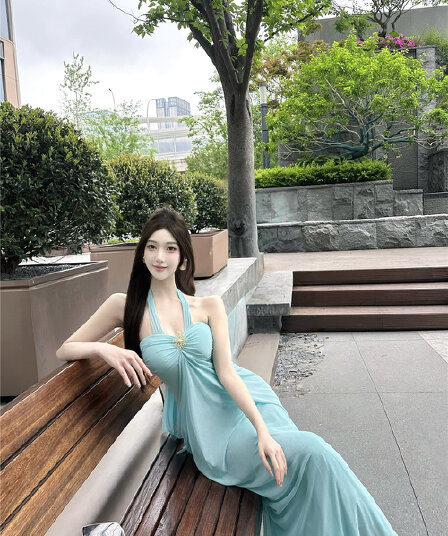 실사 프랑스식 생일 예복 치마 파란색 망사 다양한 착용 법 드레스 고급 센스 품격 휴가 롱 스커트